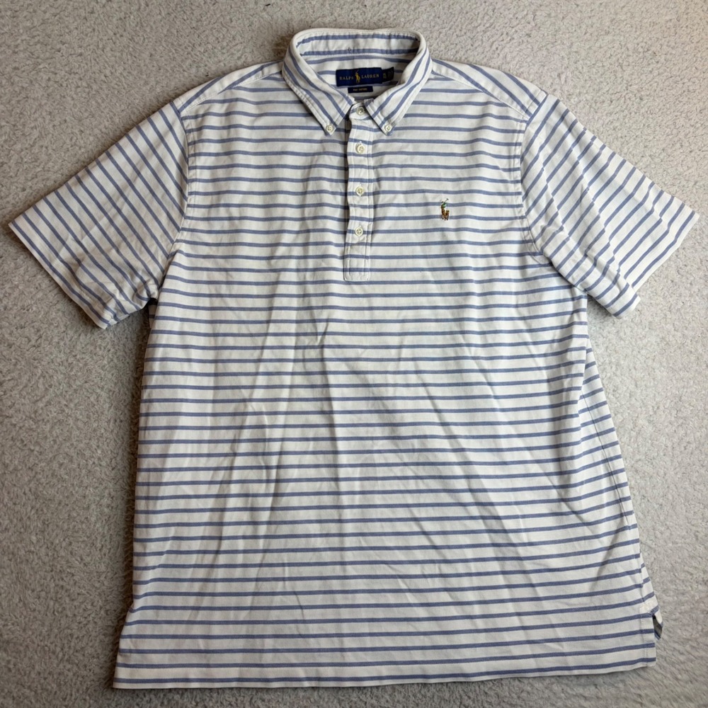Ralph Lauren Mens XL Knit Oxford Polo Shirt Blue White Striped Short Sleeve